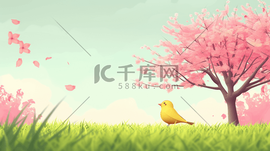 小鸟线条插画图片_春天公园里粉色树木小鸟的插画3