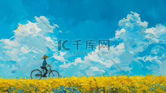 油画蓝天白云下景色骑自行车的插画1