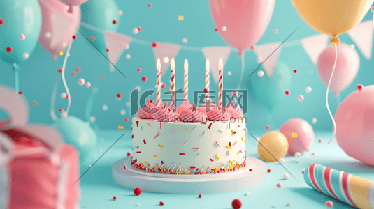 蓝色彩带插画图片_粉蓝色生日蛋糕气球彩带惊喜的插画13