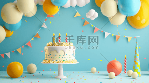粉蓝色生日蛋糕气球彩带惊喜的插画4