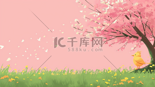 小鸟线条插画图片_春天公园里粉色树木小鸟的插画7