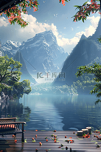 花开花落插画图片_湖泊插画山川风景手绘海报