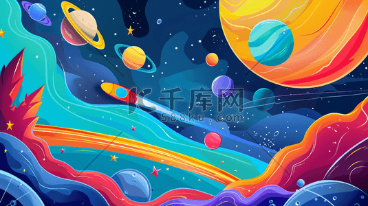 彩色渐变圆形插画图片_彩色手绘卡通宇宙飞船行星的插画9