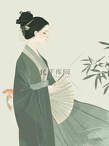 古女子插画图片_绿色简约古装古色女子的插画6