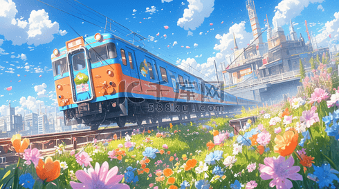 春天风景火车手绘插画