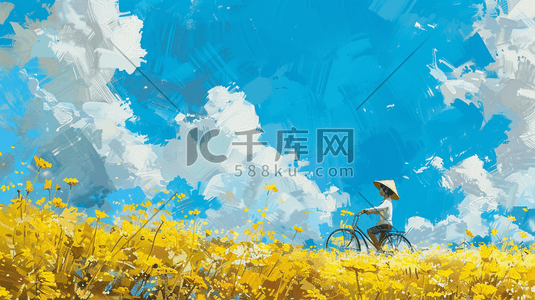 骑自行车的插画图片_油画蓝天白云下景色骑自行车的插画4