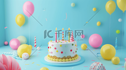 生日展架插画图片_粉蓝色生日蛋糕气球彩带惊喜的插画18