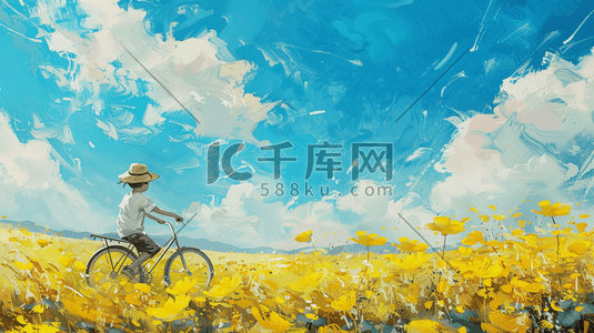 油画蓝天白云下景色骑自行车的插画2
