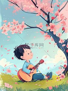 卡通男孩躺着插画图片_春天男孩弹吉他樱花树手绘海报插画