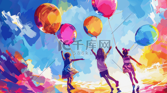 气球梦幻插画图片_彩色梦幻孩童放气球的插画2