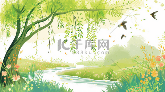 手绘春天户外风景区树木河水小鸟的插画3