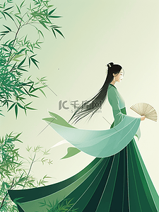 扇子简约插画图片_绿色简约古装古色女子的插画7