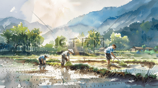 水彩绘画田地里农民儿童种水稻的插画1