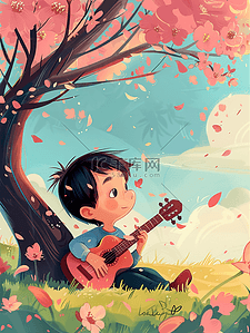 卡通弹吉他男孩插画图片_男孩弹吉他樱花树手绘春天插画海报