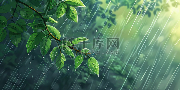 雨水插画图片_春天下雨雨季树叶素材