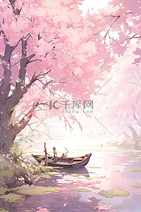 春天灿漫的樱花河边小船矢量插画