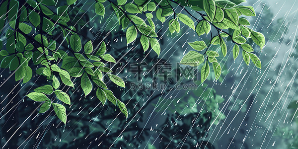 雨水插画图片_春天下雨雨季树叶图片