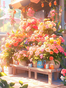 可爱的彩色花店鲜花插画素材