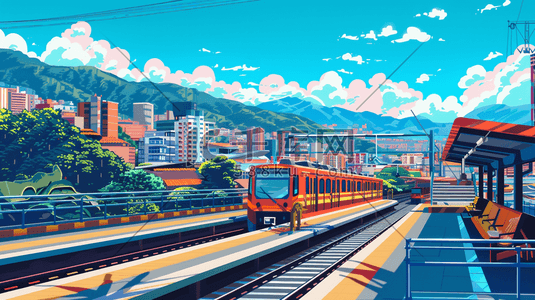 的铁轨带插画图片_彩色现代高铁轨道站台的插画4