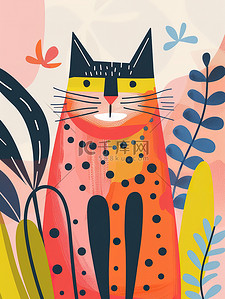 猫咪平面插画图片_春天艺术可爱的猫的几何平面插画素材