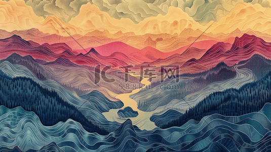 彩色纹理艺术风格绘画山水的插画9