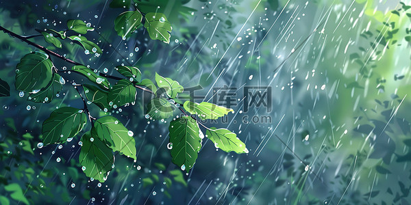 春天下雨雨季树叶插画素材