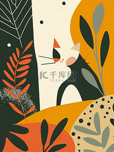 几何图案酷炫插画图片_春天艺术可爱的猫的几何平面原创插画