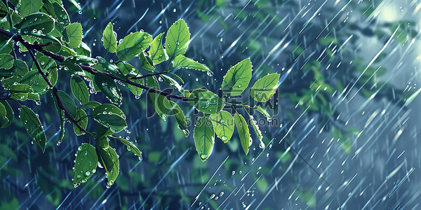 雨水插画图片_春天下雨雨季树叶插画