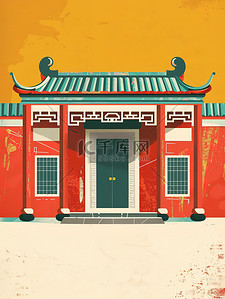 复古插画图片_古代的建筑复古插画