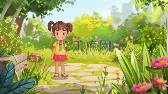 春天绿色树木公园里女孩游玩的插画17