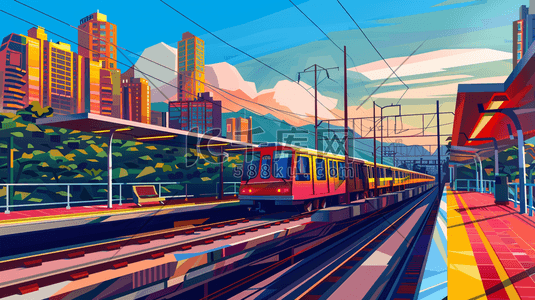 高铁内部样机插画图片_彩色现代高铁轨道站台的插画2