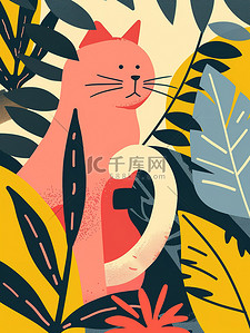 猫咪平面插画图片_春天艺术可爱的猫的几何平面插画素材