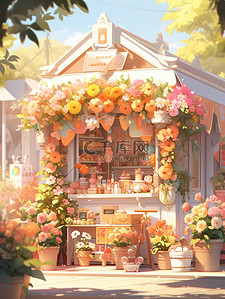花店竖版名片插画图片_可爱的彩色花店鲜花素材