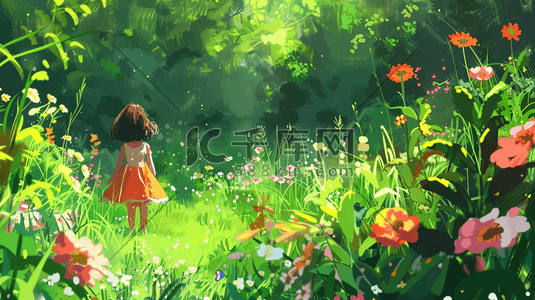 春天绿色树木公园里女孩游玩的插画14
