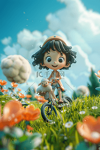 骑自行车卡通女孩插画图片_春天可爱孩子户外3d插画玩耍海报