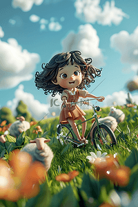 骑自行车卡通女孩插画图片_海报春天可爱孩子户外玩耍3d插画