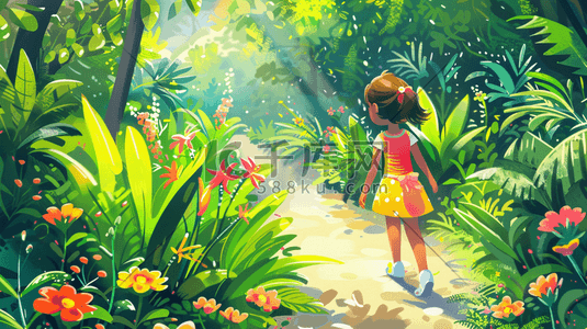 春天绿色树木公园里女孩游玩的插画11