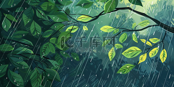 春天下雨雨季树叶插画素材