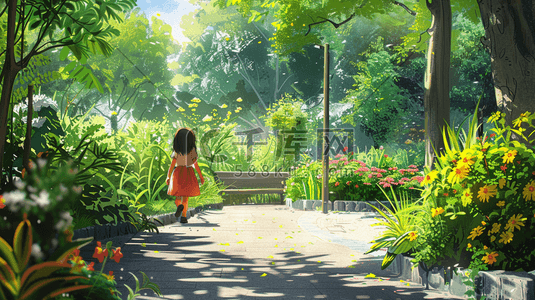 春天绿色树木公园里女孩游玩的插画6