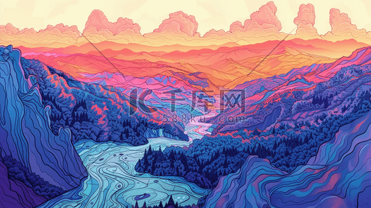 彩色纹理艺术风格绘画山水的插画12