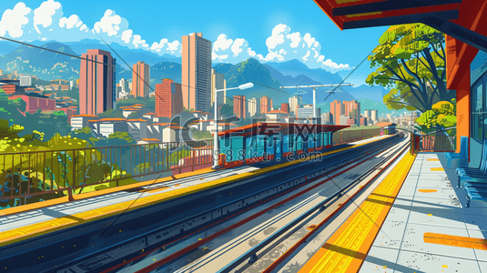 高铁插画图片_彩色现代高铁轨道站台的插画3