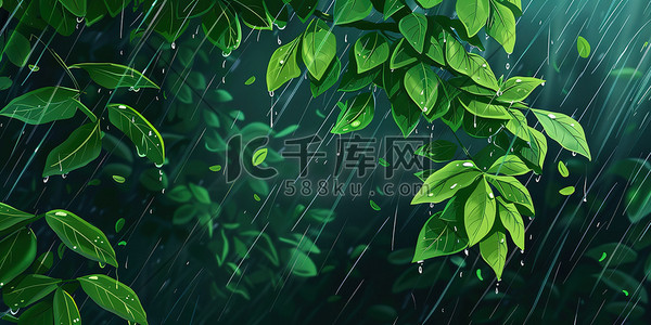 春天下雨雨季树叶插画图片
