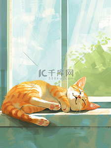 慵懒的小猫在窗台上睡觉原创插画