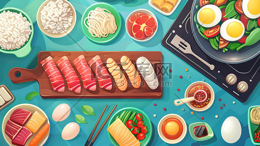 材料插画图片_美食火锅材料蔬菜肉类原创插画