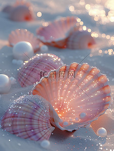 粉红色的贝壳珍珠沙滩海水插画图片
