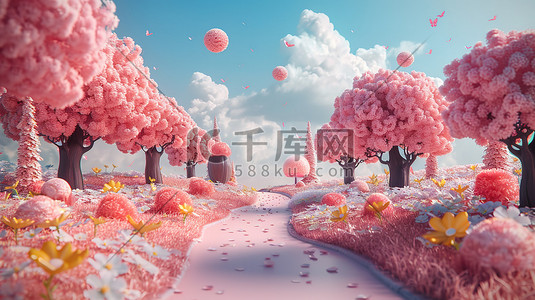 春天樱花3d插画图片_可爱的春天主题3D景观插画海报