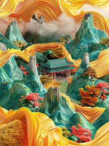 国潮浮雕云插画图片_山和丘陵绿色黄色中式立体浮雕插画