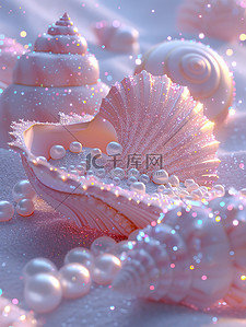 贝壳插画图片_粉红色的贝壳珍珠沙滩海水插画