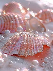 粉红色的贝壳珍珠沙滩海水原创插画