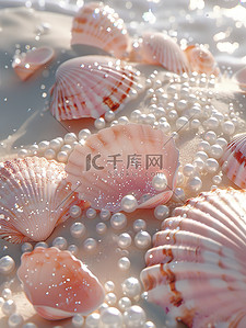 珍珠贝壳插画图片_粉红色的贝壳珍珠沙滩海水原创插画